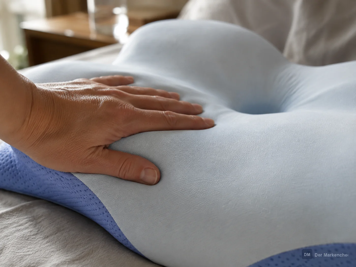 Memory-Schaum des Derila Ergo Kissens unter leichtem Fingerdruck