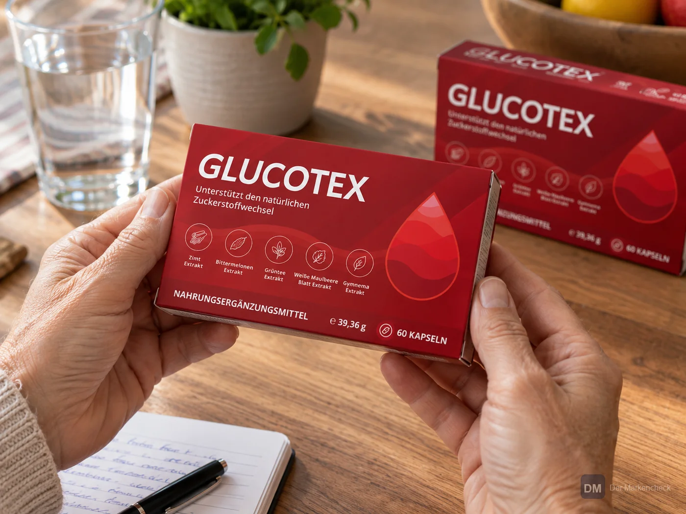 Glucotex Originalverpackung bei der Produktprüfung