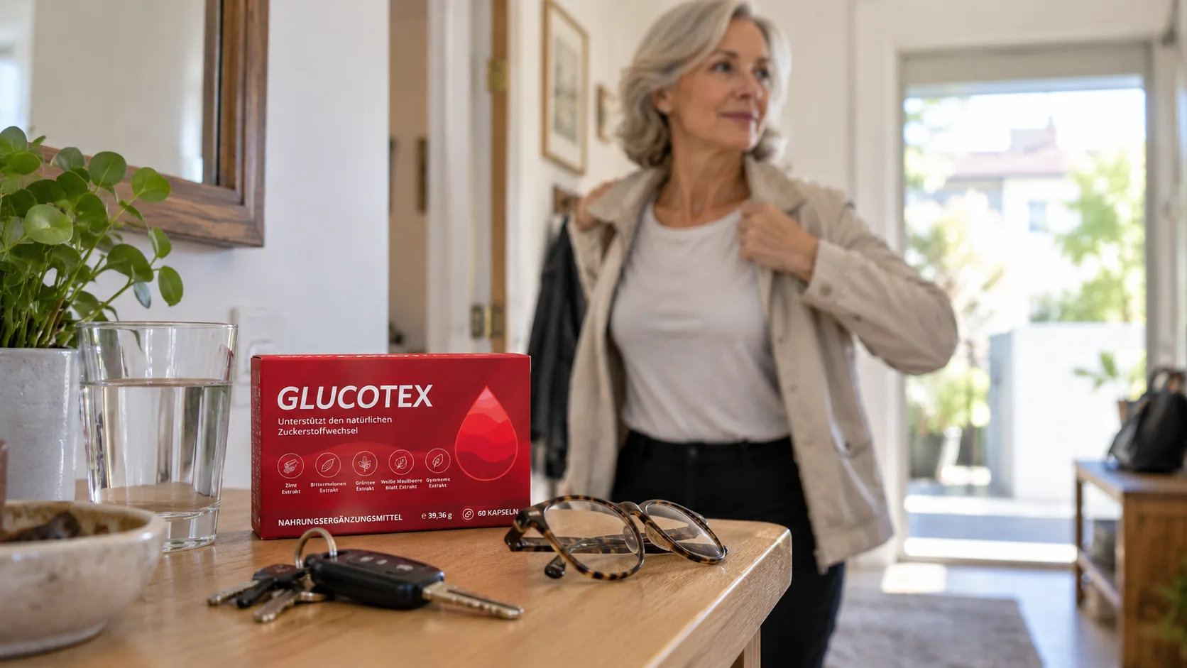 Glucotex im Alltag – Packung auf dem Tisch vor dem Tagesstart