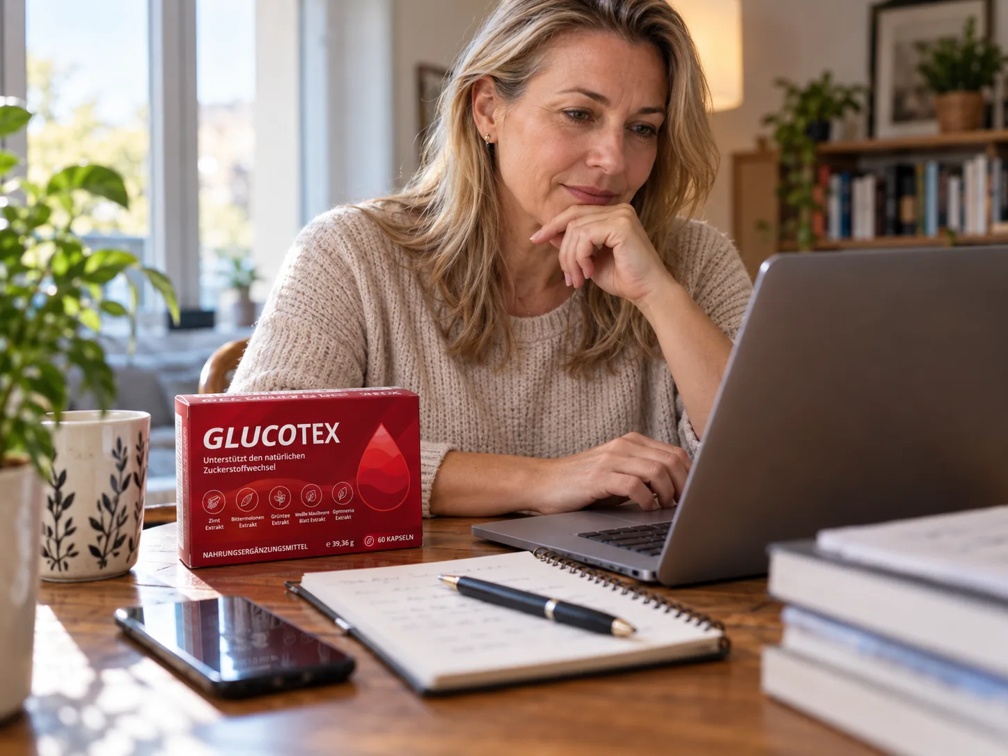 Redaktionelle Recherche zu Glucotex mit Produktpackung und Laptop